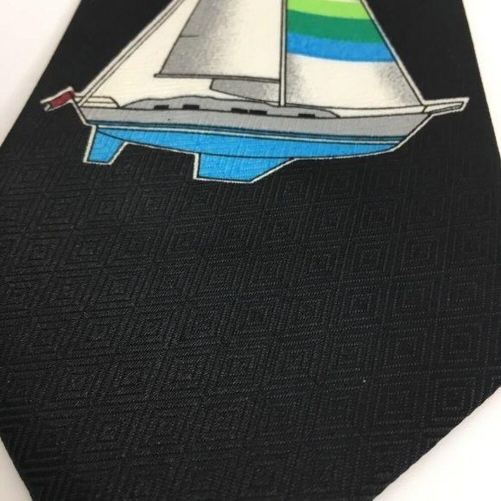 Umo Lorenzo Mens ITALIAN SILK Necktie Black Blue ESTATE Preppy OLD MONEY Sailing - Picture 4 of 7
